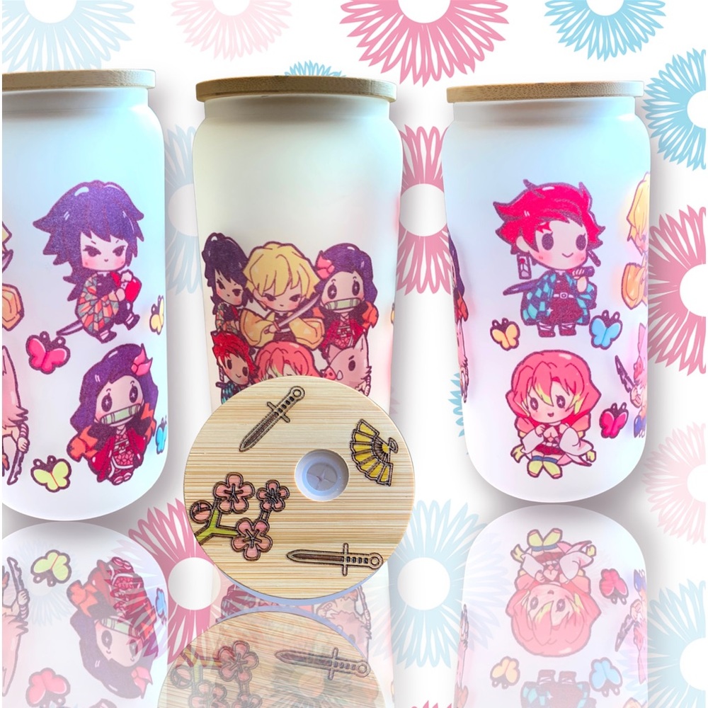 Cute kawaii demon slayer theme 16oz glass can cup, engraved and hand painted top